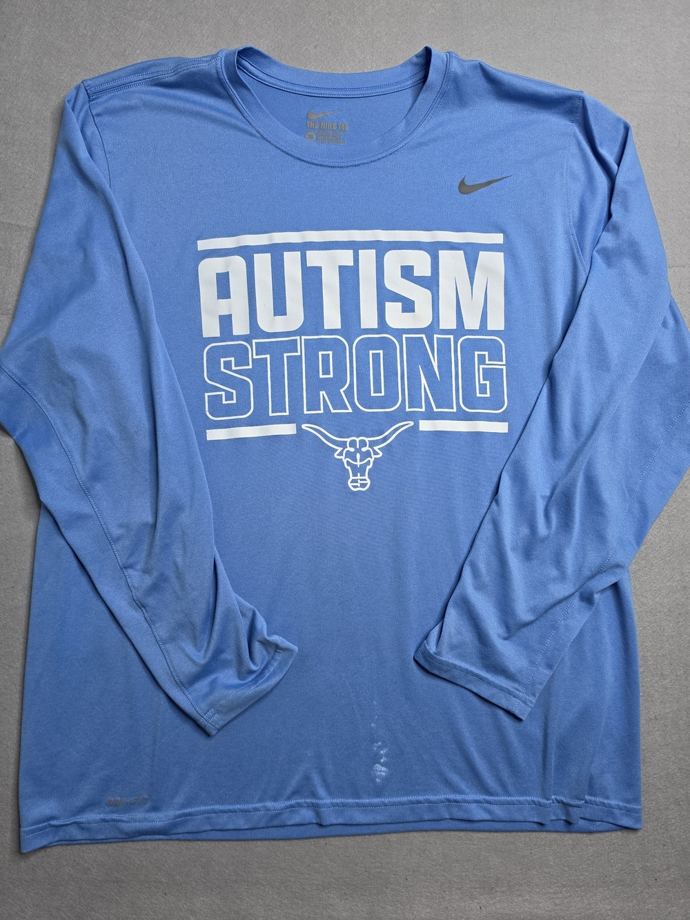 Nike Long Sleeve 'Autism Strong' Performance Shirt - Light Blue with White Print